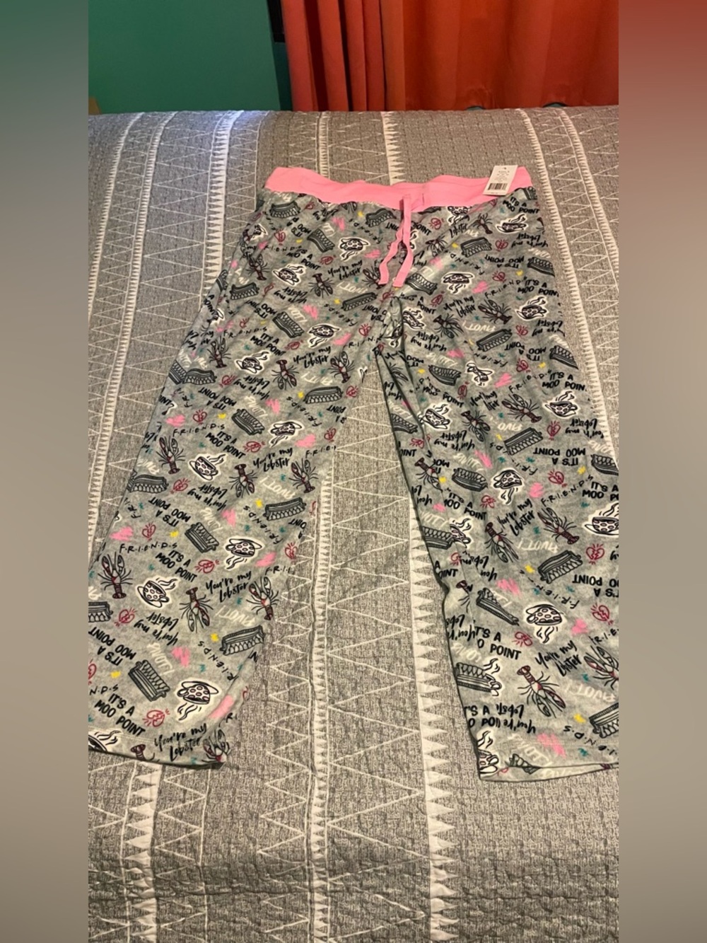 Kohls Friends Velvety Soft Gray  Pink Trim Printed Pajama Pants
